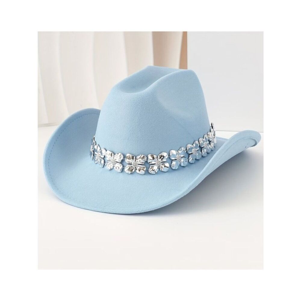 NWT Light Blue Silver Concho Band Western Cowgirl Cowboy Hat Wide Brim Festival